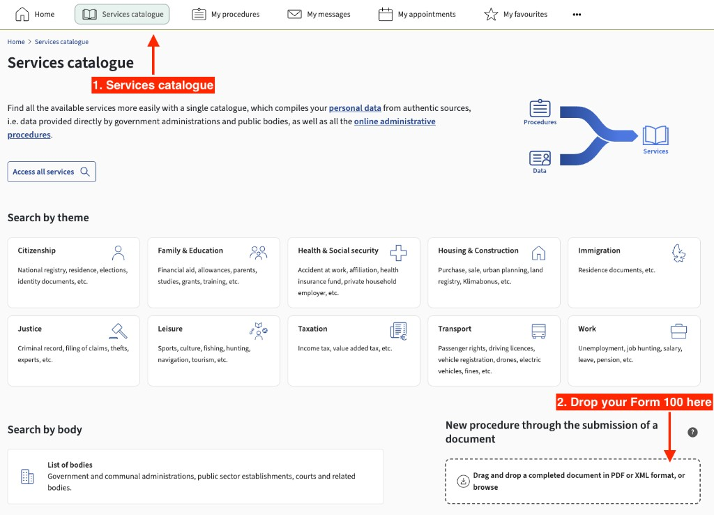 MyGuichet Services catalogue: open Services catalogue, then drop the Form 100 PDF in the document submission box